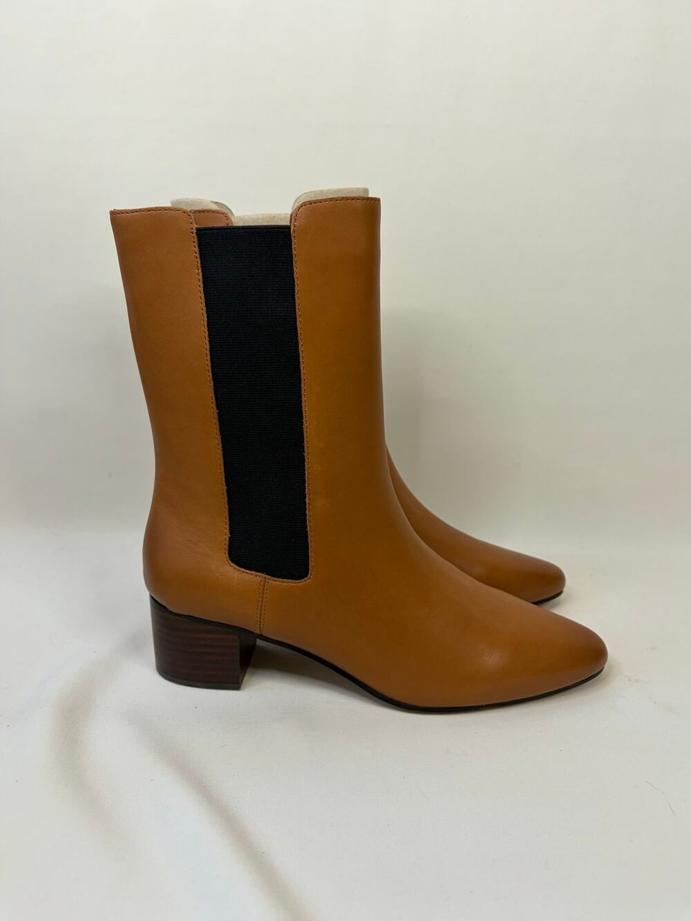 J Crew Size 9 Caramel Brown Leather High Shaft Stacked Heel Boot Women NWOT